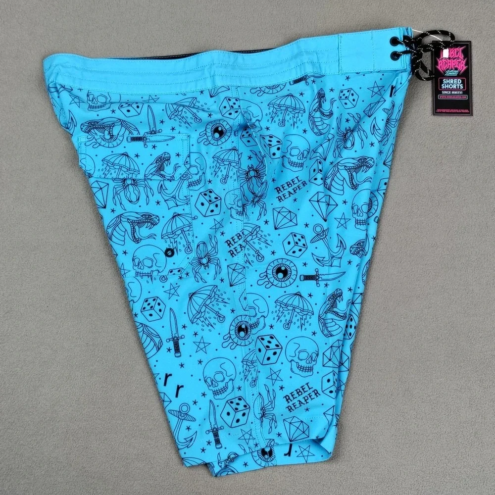 NEW Board Shorts Surf Swim Trunks Men XL Blue Tattoo‎ Biker Pockets Fast Drying